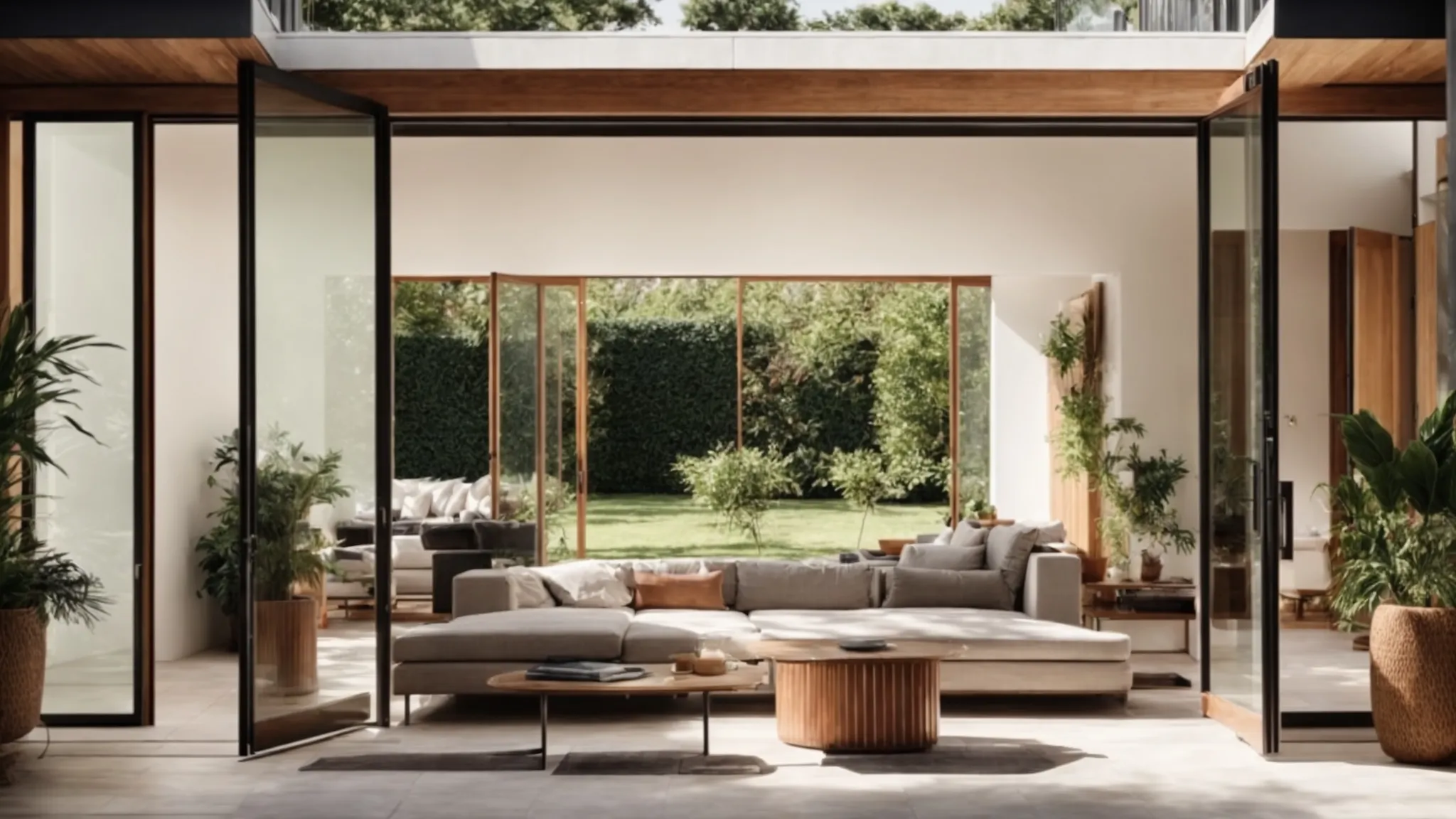 users 7dd1dc79 7cb9 40c2 b5f8 d0e040fa311b generations 72134c20 e562 4c49 b2ea 214d7e50e8ff default a modern living room seamlessly opens into a sunlit ga 0.webp a modern living room seamlessly opens into a sunlit garden through a wide expanse of accordion doors, embodying the perfect blend of indoor and outdoor living.