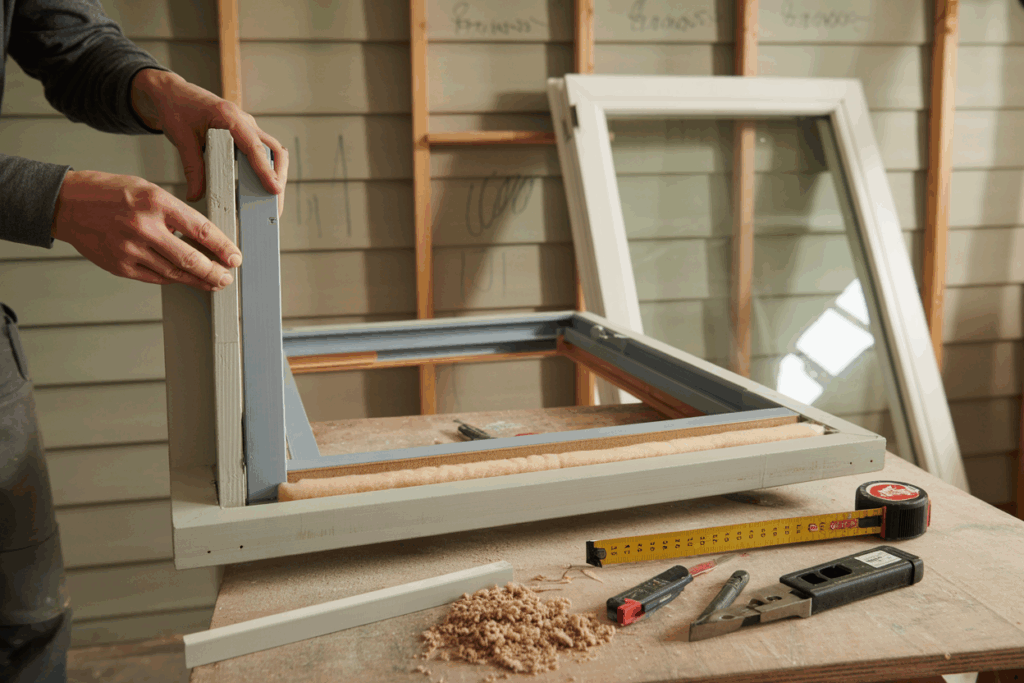 workshop or at-home DIY setup, showing a partially dismantled window area