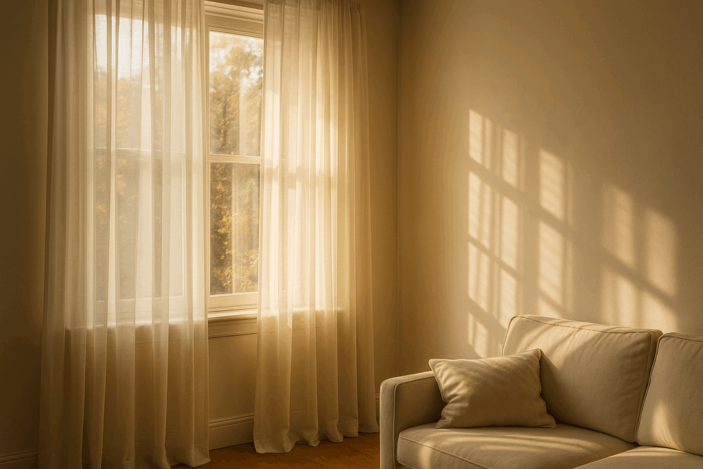 An interior scene with sheer curtains gently filtering golden near-autumn sunlight