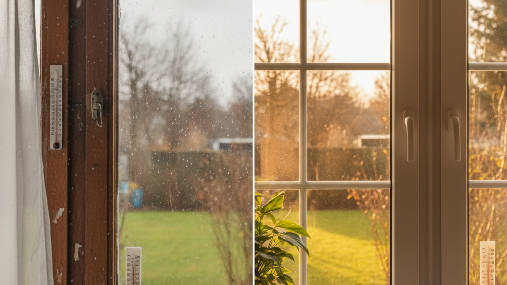 older drafty window versus new energy efficient window