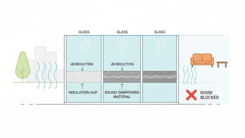 Noise-reducing windows use multiple layers and insulation to significantly cut down sound penetration.