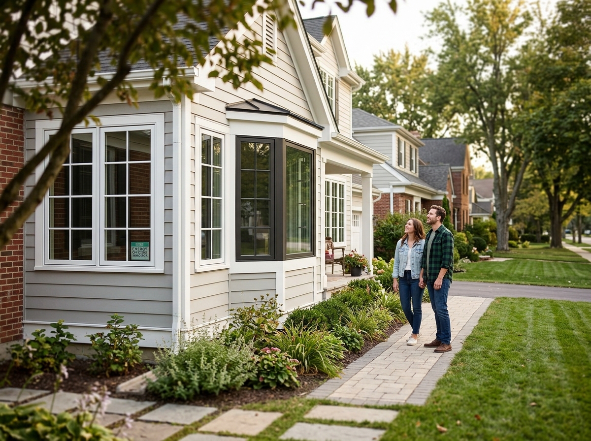 Modern home exterior with energy-efficient replacement windows boosting curb appeal and real estate resale value.