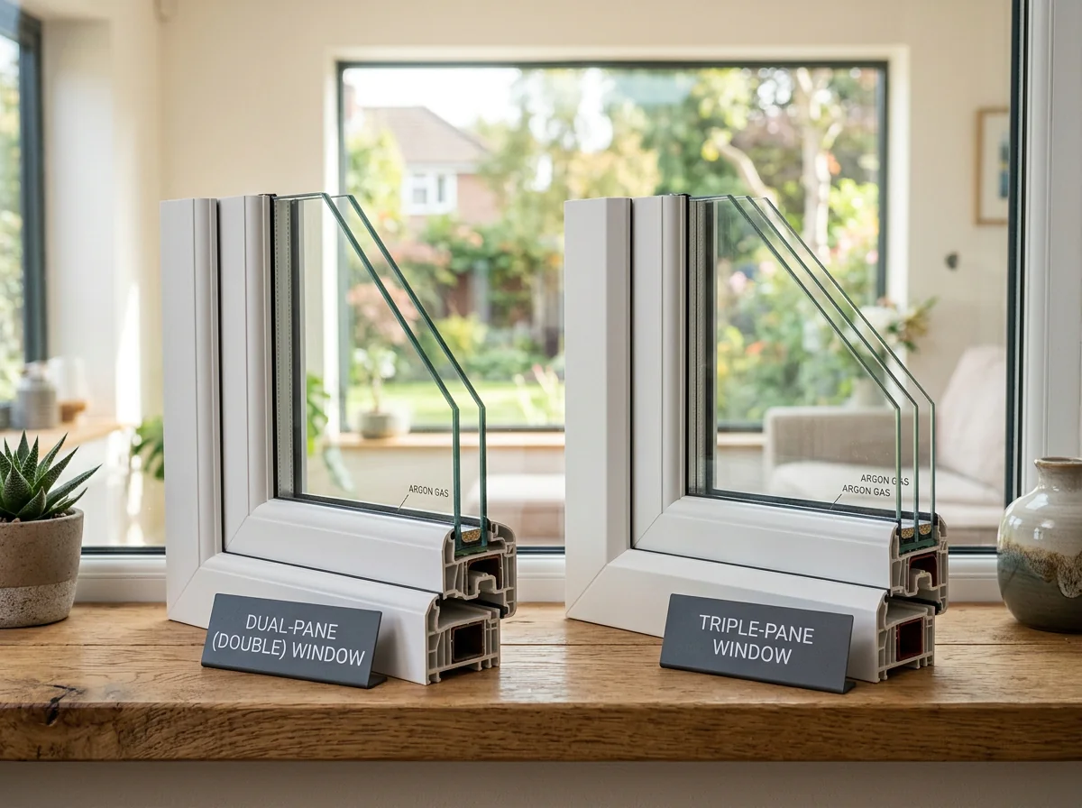 Cross-section comparison of energy-efficient dual-pane and triple-pane window glass showing insulation layers.
