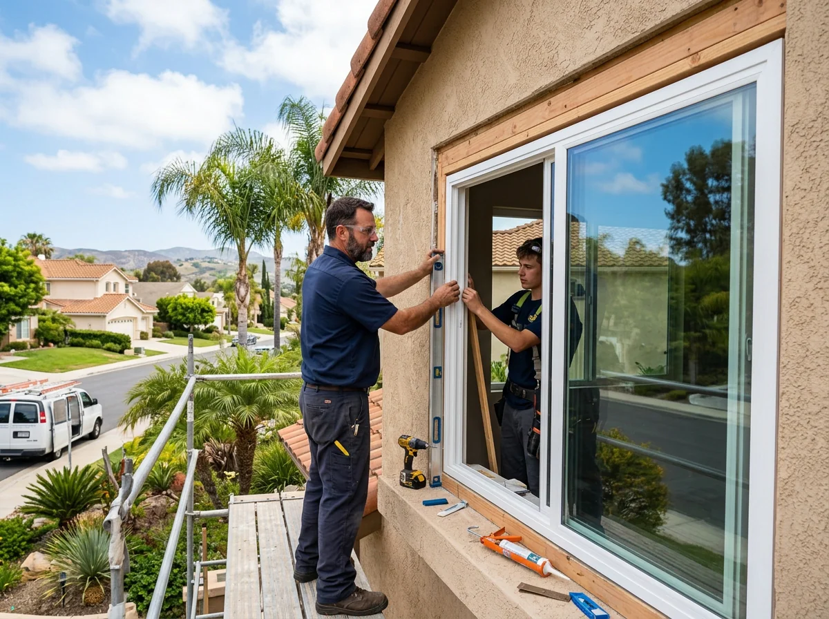 Contractor reviewing building permit plans for a replacement window installation on a San Diego or Orange County home