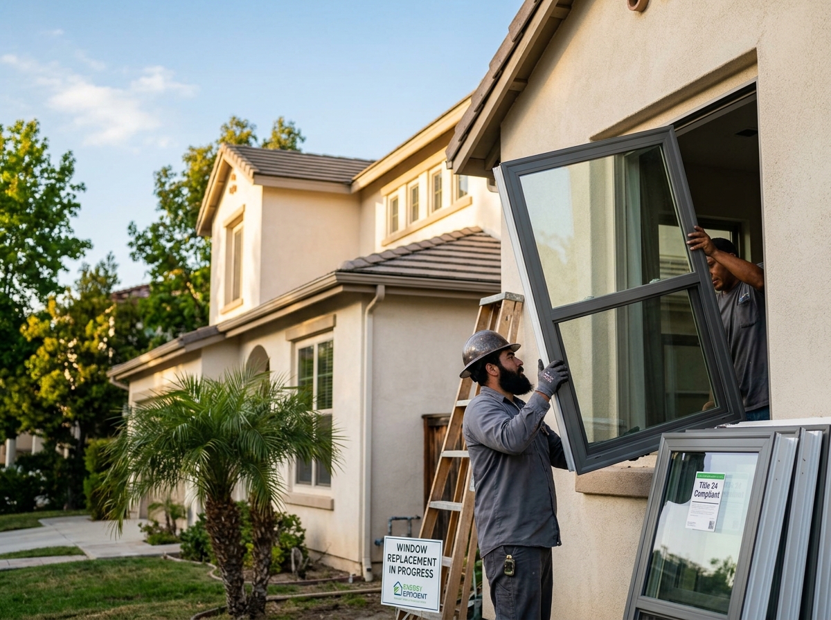 Worker installing energy-efficient California Title 24 replacement windows meeting U-factor and SHGC standards.